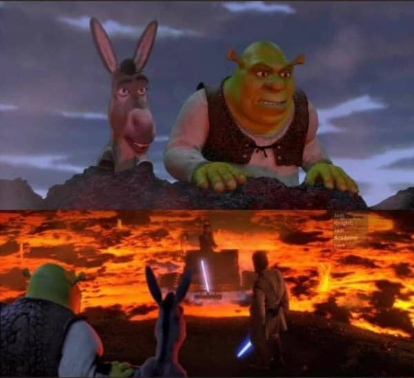 An edited movie scene where animated fantasy characters observe a climactic sci-fi lightsaber battle on a lava planet.