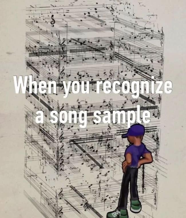 A stylized character looking up at a massive, dizzying multi-dimensional wall of complex sheet music notes in a funny music meme labeled, "When you recognize a song sample."