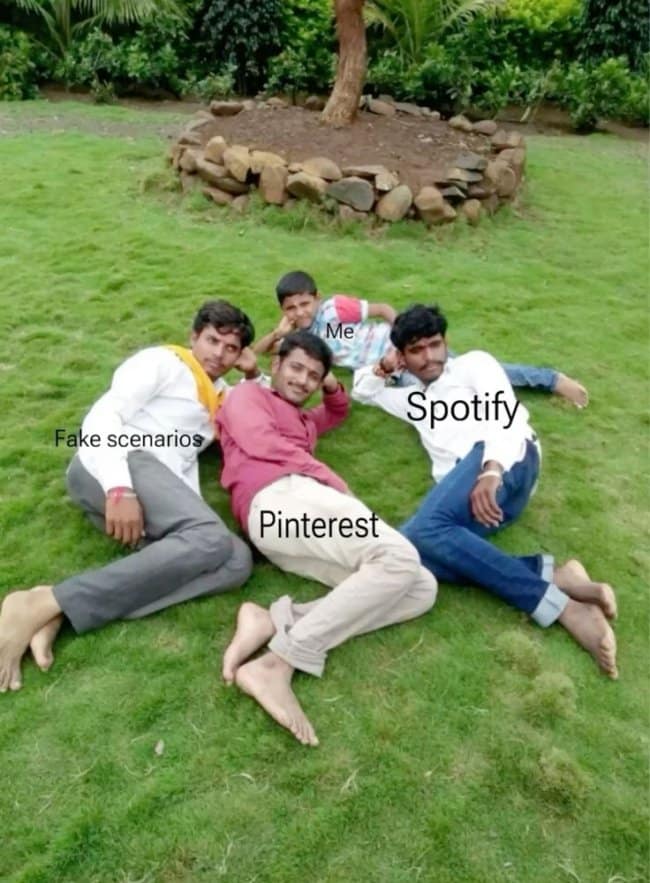 A lifestyle layout music meme showing four guys relaxing on a green grass lawn labeled as a circle of personal core pillars: "Me," "Spotify," "Pinterest," and "Fake scenarios."