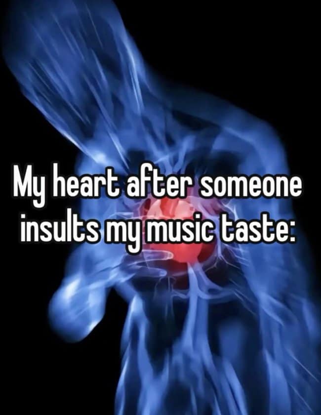 A dramatic reaction-style music meme showing a glowing blue anatomical skeletal silhouette clutching a bright red chest under the white text bar, "My heart after someone insults my music taste:".