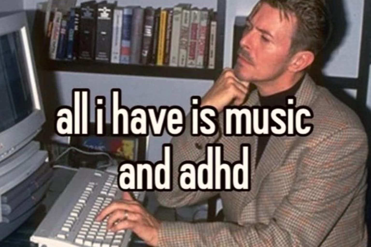 A trending music memes mega-compilation archiving relatable listening habits, highlighted by a black metal musician in full corpse paint eating an ice cream cone on a park bench, a man stuffing a massive laptop into the back of his shorts while cooking in the kitchen, and a nostalgic photo of David Beckham wearing headphones to block out his family on the living room floor.