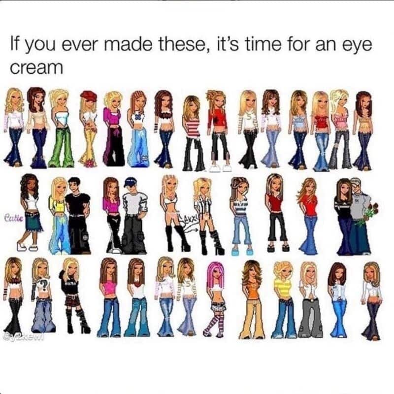 A targeted aging joke nostalgia meme featuring a large grid of early 2000s pixelated forum avatar fashion dolls, captioned with the warning: "If you ever made these, it's time for an eye cream".