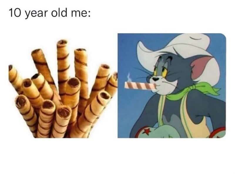 A hilarious nostalgia meme showcasing a split layout; on the left is a bundle of chocolate rolled wafer cookies, and on the right is Tom from Tom and Jerry dressed as a cowboy, puffing on a wafer cookie like a real cigar under the caption "10 year old me:".