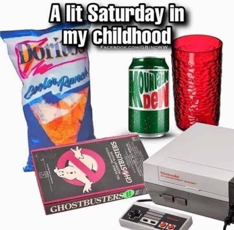 A nostalgia meme celebrating the ultimate weekend aesthetic titled "A lit Saturday in my childhood", displaying crisp product cutouts of a retro 90s Doritos Cooler Ranch bag, a vintage Mountain Dew can, a textured red Pizza Hut plastic cup, a Ghostbusters VHS tape, and an original NES console.