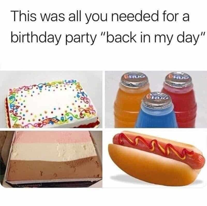 classic four-panel nostalgia meme layout titled "This was all you needed for a birthday party 'back in my day'", displaying a standard grocery store sheet cake, multi-colored Little Hug Fruit Barrels juice jugs, a brick of Neapolitan ice cream, and a plain hot dog with ketchup and mustard.