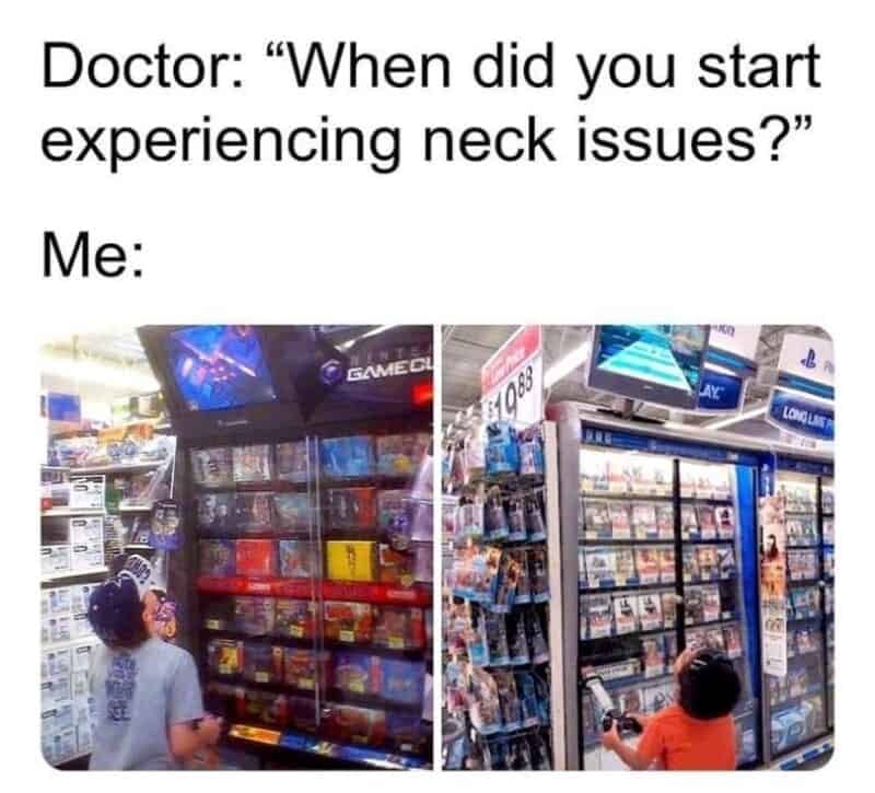 A nostalgia meme addressing chronic adulthood posture issues, showing a doctor asking when neck issues started, answered by photos of children craning their necks completely vertical to play demo consoles high up on retail store displays.