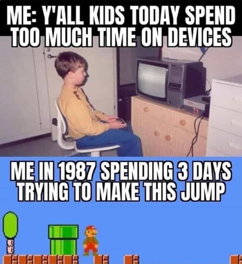 A hypocritical nostalgia meme split-panel contrasting adults complaining about modern kids on devices with a photo of a child in 1987 sitting six inches away from a CRT television playing an original Nintendo Entertainment System under the text "ME IN 1987 SPENDING 3 DAYS TRYING TO MAKE THIS JUMP".