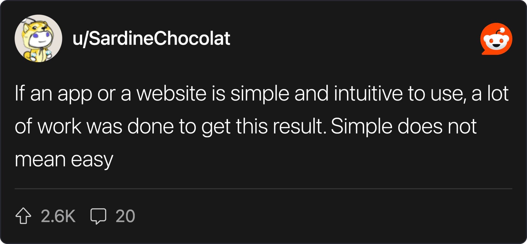 A Reddit post explaining that simple and intuitive apps require a massive amount of hidden development work.