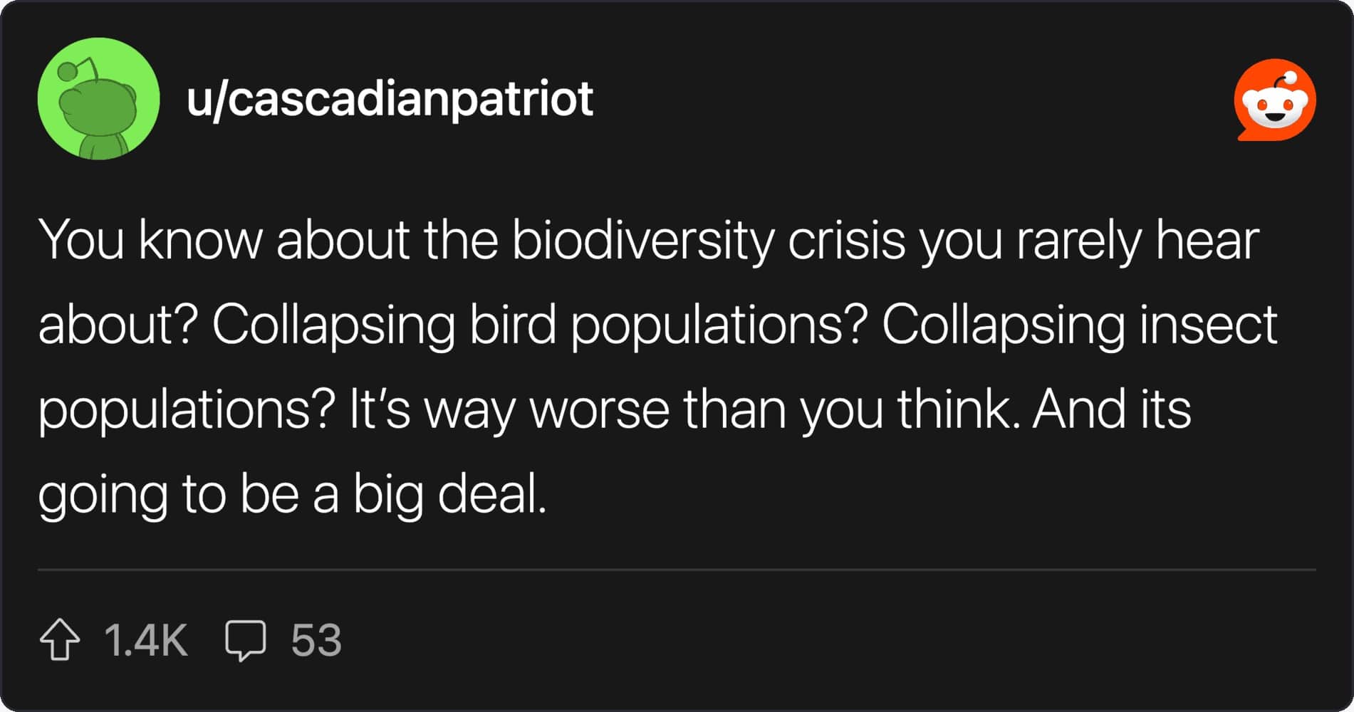 A concerning Reddit post calling attention to the severe global collapse of bird and insect populations.