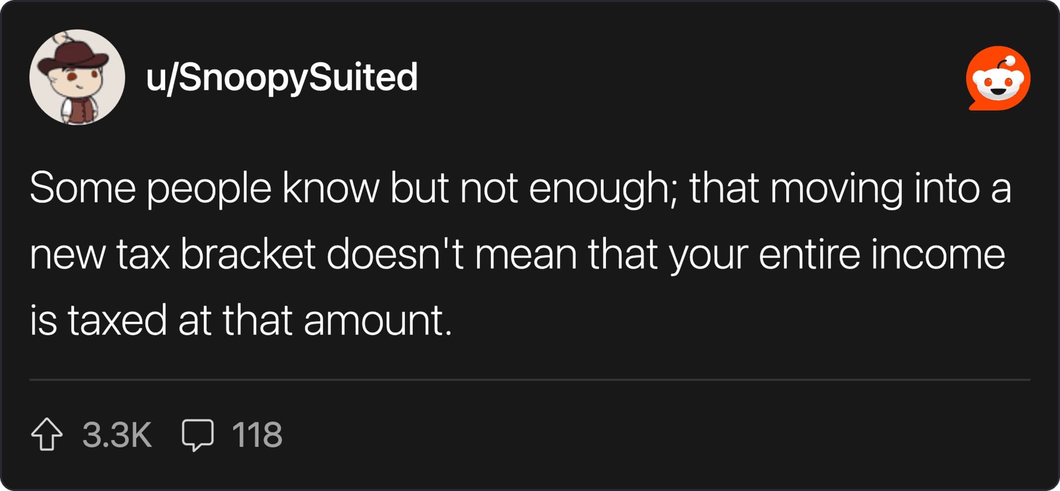 A Reddit post explaining the basic mechanics of progressive marginal tax brackets to users.