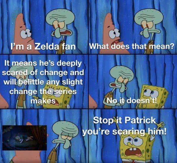 A funny spongebob meme about the Ocarina of Time remake showing that the remake is going to scare the original fans.