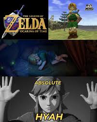 A funny Legend of Zelda Ocarina of Time remake meme showing fans excitement with Link's famous Hiya quote