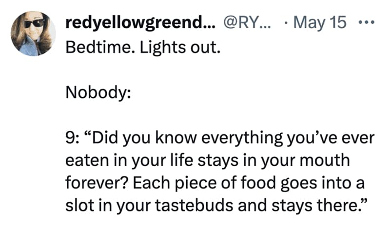 Twitter text screenshot of a parenting meme by user @redyellowgreend... describing a 9-year-old child using fake, unsettling mouth biology facts to completely derail bedtime.
