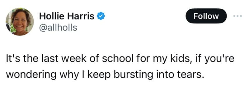 Text post screenshot functioning as a seasonal parenting meme by Hollie Harris capturing the intense emotional meltdown that hits parents during the final chaotic week of the school year.