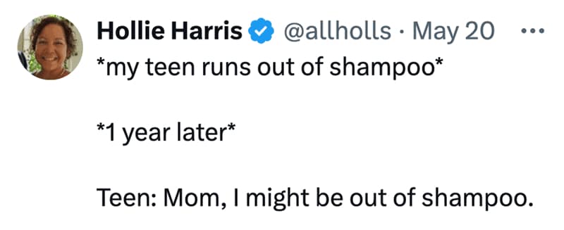 Twitter dialogue format acting as a parenting meme by Hollie Harris tracking a teenager's extreme one-year delay in communicating a basic bathroom supply shortage.