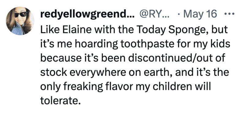 Digital text snippet captured as a parenting meme by user @redyellowgreend... comparing the frantic hoarding of a specific kid's toothpaste flavor to a classic Seinfeld episode plot.