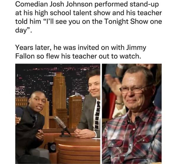 Comedian Josh Johnson on The Tonight Show stage alongside an emotional high school teacher.
