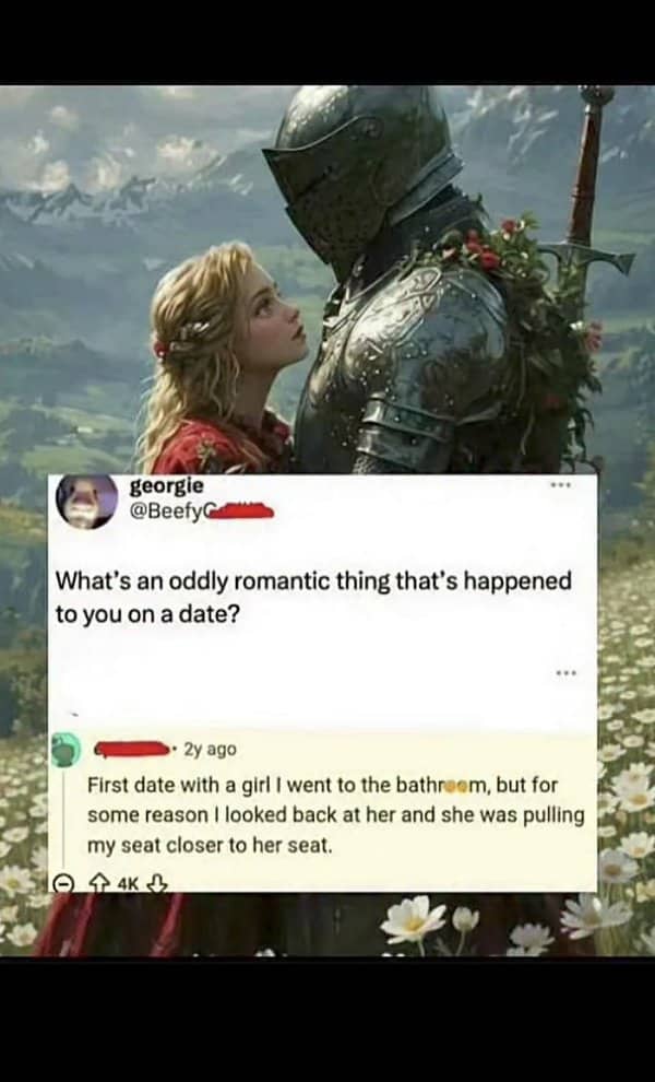 A text post describing a romantic first date moment overlaid on an illustration of a knight.