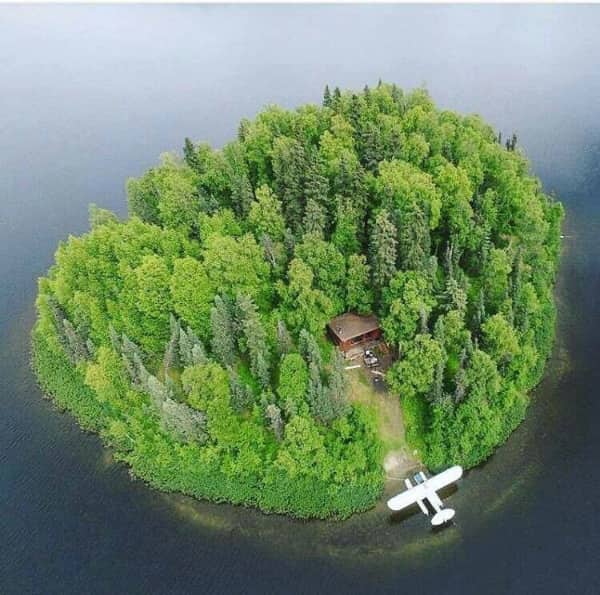 Aerial perspective of a small isolated green island with a lone cabin and a seaplane.