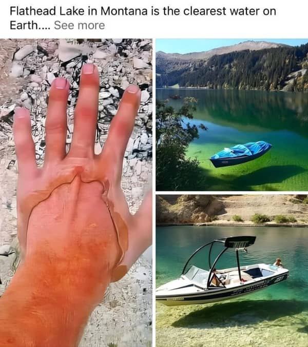 Three paneled image showcasing the incredibly clear transparent water of Flathead Lake in Montana.