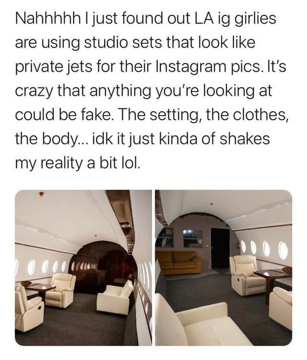 A social media text post exposing fake private jet studio sets, paired with two photos showing a luxury cabin mockup that abruptly ends to reveal warehouse walls, acting as a structural photoshop fail alternative.