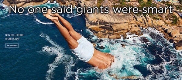 seaside promotional banner advertisement showing a man diving into ocean waves near rocky cliffs, resulting in a scale-warping photoshop fail that inadvertently makes the diver look like a hundred-foot-tall giant falling into a tiny, miniature coastline.