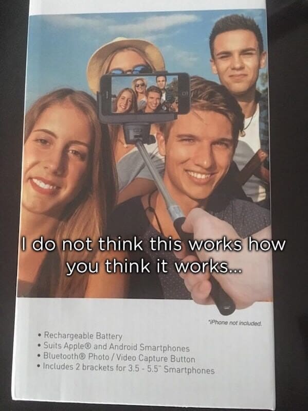 The packaging box art for a retail phone selfie stick accessory, highlighting a logical photoshop fail where a disembodied hand grips the handle from the bottom right of the frame while the phone screen shows a completely different photo angle.