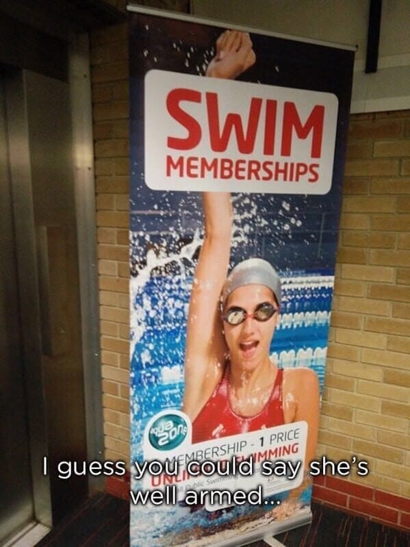 A public promotional banner for swim memberships, showcasing a major anatomical photoshop fail where a female swimmer's raised victory arm has been stretched out to a comically long, alien-like length to fit the tall layout.