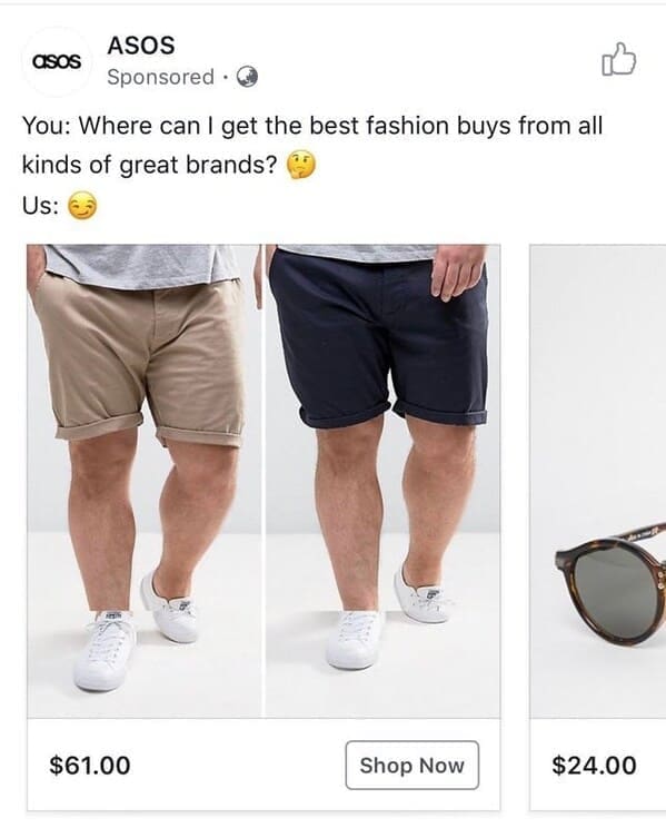 An ASOS sponsored clothing advertisement showing a model in shorts where the editor completely copy-pasted and cloned the exact same pair of legs across two different outfits, a blatant retail photoshop fail.