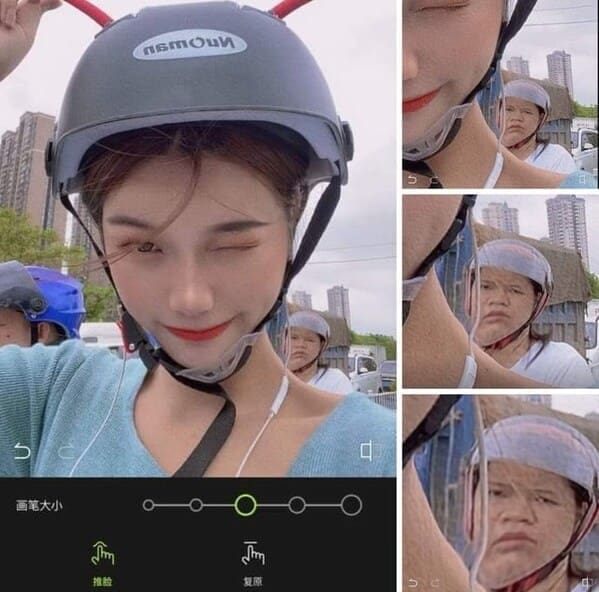 multi-panel app demonstration where a woman's face-slimming filter tracks incorrectly, violently warping and elongating a random passerby's head in the background, a chaotic real-time photoshop fail.