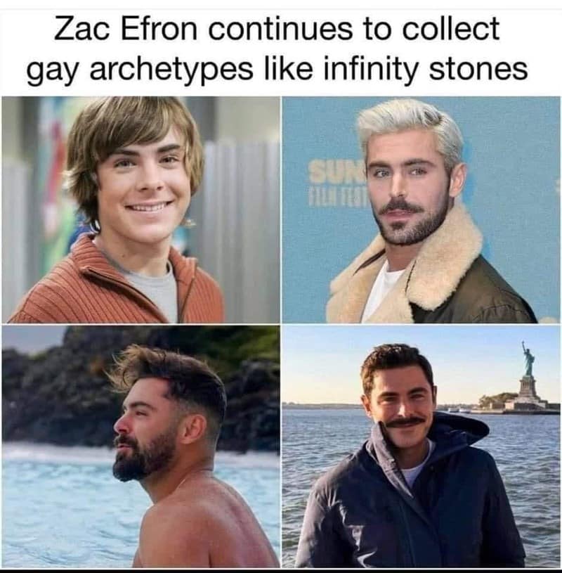 A 4-panel celebrity fashion analysis operating as a funny pride meme, tracking Zac Efron's style transformations through various hair and wardrobe eras under the caption, "Zac Efron continues to collect gay archetypes like infinity stones."