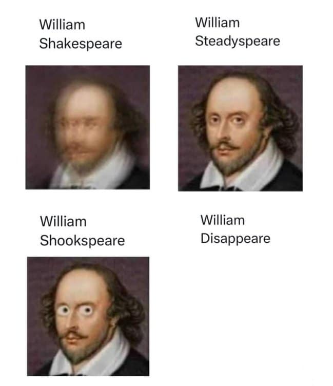 This classic literature punny meme alters the famous portrait of William Shakespeare across a four-quadrant comedy grid. The top row contrasts a blurry, vibrating portrait labeled "William Shakespeare" with a crisp, still one labeled "William Steadyspeare," while the bottom row pairs a wide-eyed, terrified edit labeled "William Shookspeare" with a completely empty, blank brown square labeled "William Disappeare."