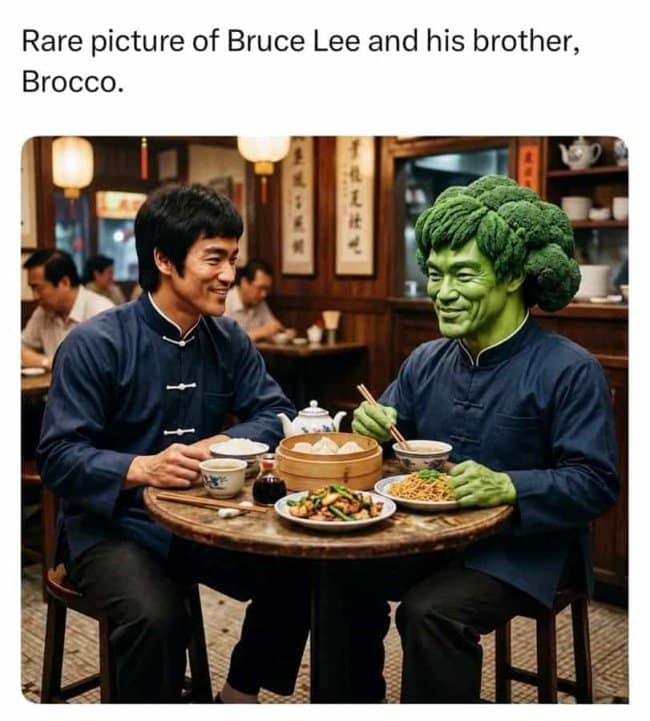 This AI-generated funny pun imagery features a legendary martial artist dining out under the caption, "Rare picture of Bruce Lee and his brother, Brocco." Sitting at a round wooden restaurant table filled with dim sum, the martial arts icon smiles warmly at a green-skinned man whose entire head is structurally formed out of a giant crown of fresh broccoli.