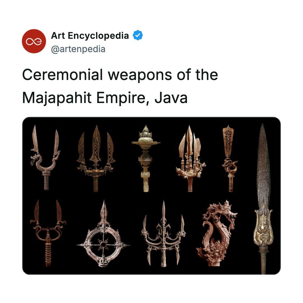 rare historical photo showcasing an array of ten ceremonial weapons from the Majapahit Empire of Java, displayed against a solid black background, featuring meticulously cast bronze and gold tridents, spiked clubs, ceremonial daggers, and an intricate dragon sculpture.