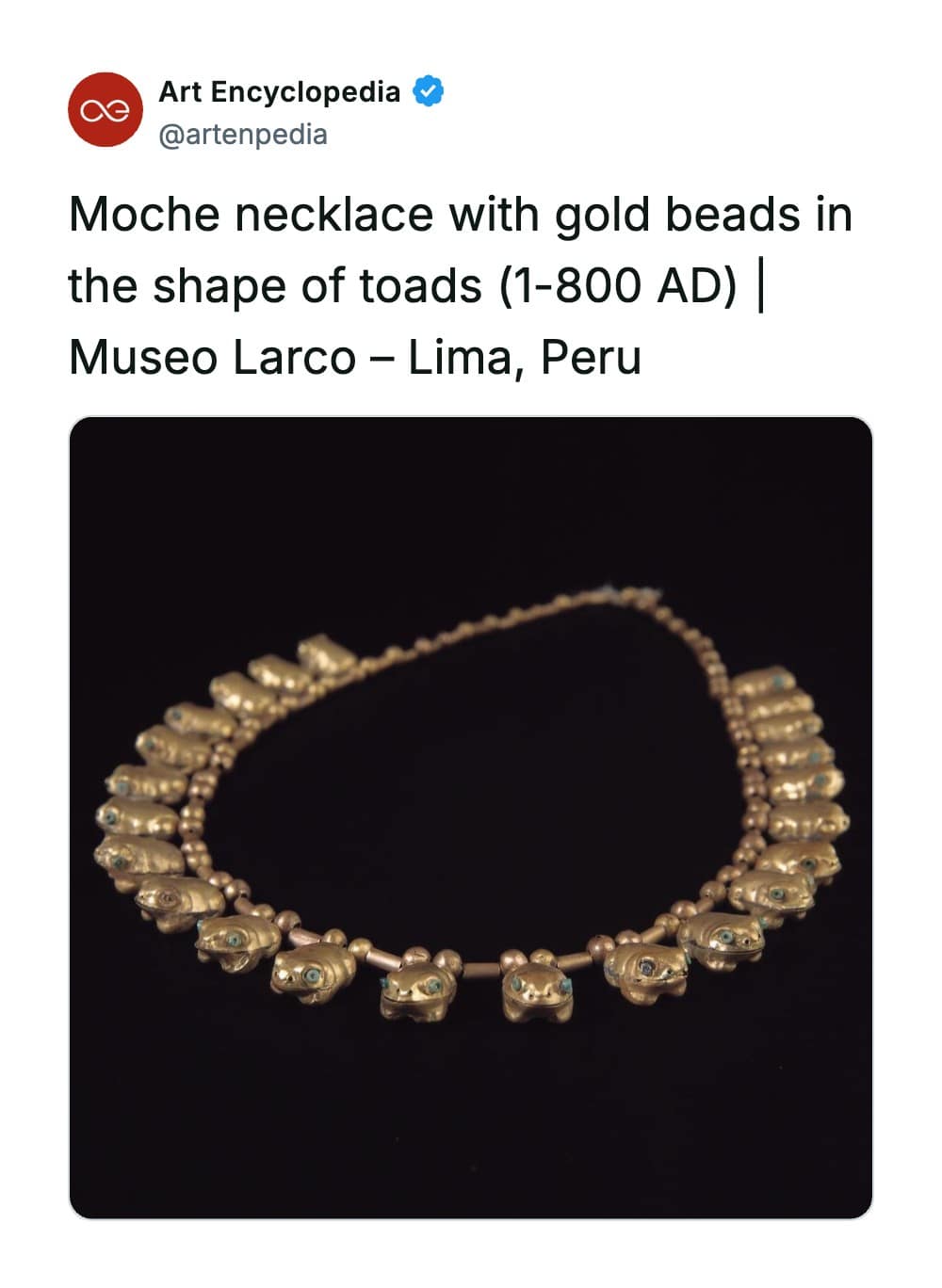 rare historical photo showcasing a golden Moche necklace from 1–800 AD displayed at the Museo Larco in Peru, meticulously constructed with three-dimensional gold beads shaped like small toads with inlaid turquoise eyes.