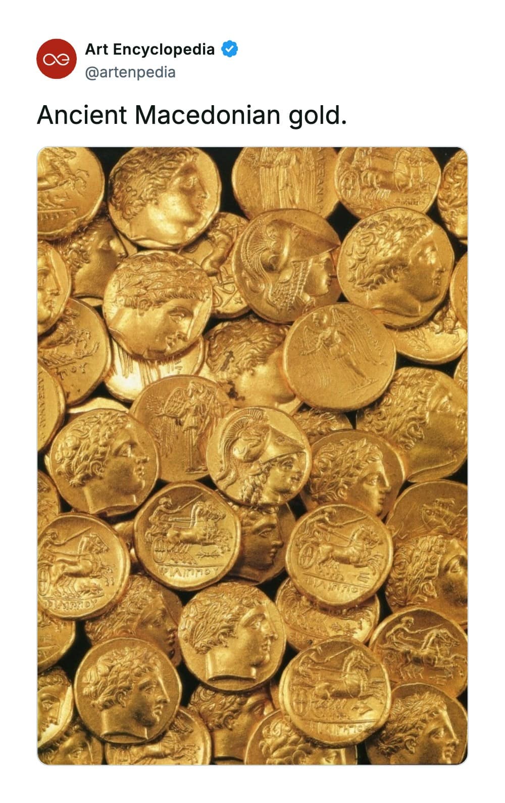 A rare historical photo capturing a glittering, dense heap of ancient Macedonian gold coins, each cleanly stamped with the profiles of armored warriors, classical rulers, and horses pulling battle chariots.