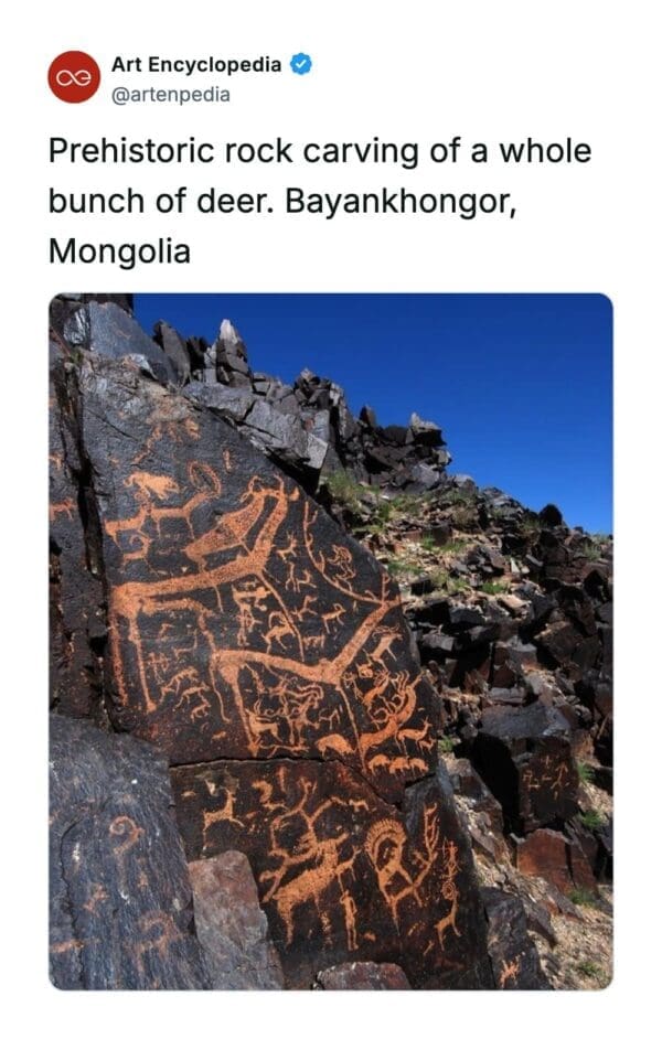 A rare historical photo capturing an expansive panel of prehistoric rock carvings from Bayankhongor, Mongolia, etched into a dark, fractured cliff face depicting an entire herd of deer with branching antlers.