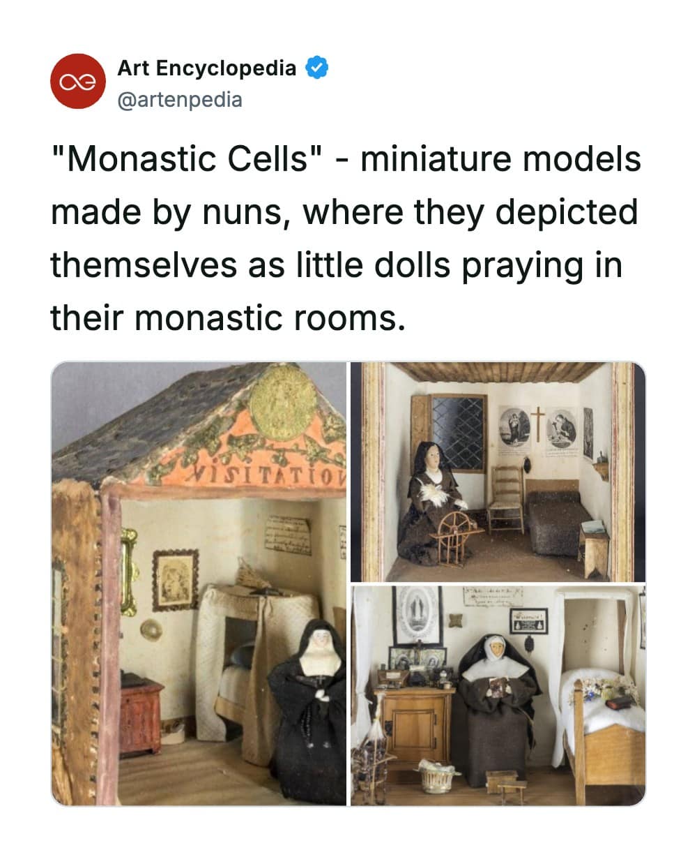 A rare historical photo presented in a three-panel diorama layout titled "Monastic Cells," featuring miniature models crafted by nuns that depict doll versions of themselves praying and working with spinning wheels inside tiny, detailed bedroom cells.