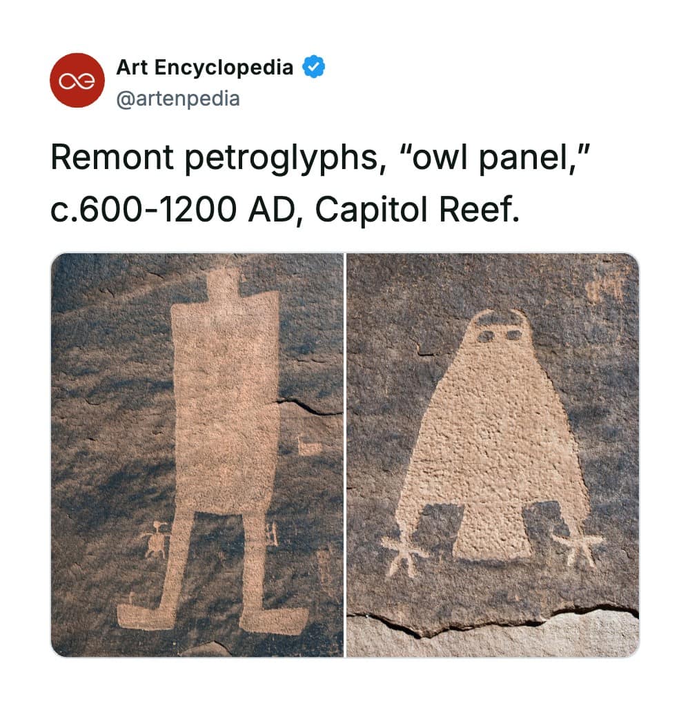 A rare historical photo showing a side-by-side view of ancient petroglyphs from the 'owl panel' at Capitol Reef, dating from circa 600-1200 AD. The left panel features a tall, rectangular carved humanoid figure, while the right panel depicts a distinct, wide triangular owl shape carved into the dark desert rock patina.