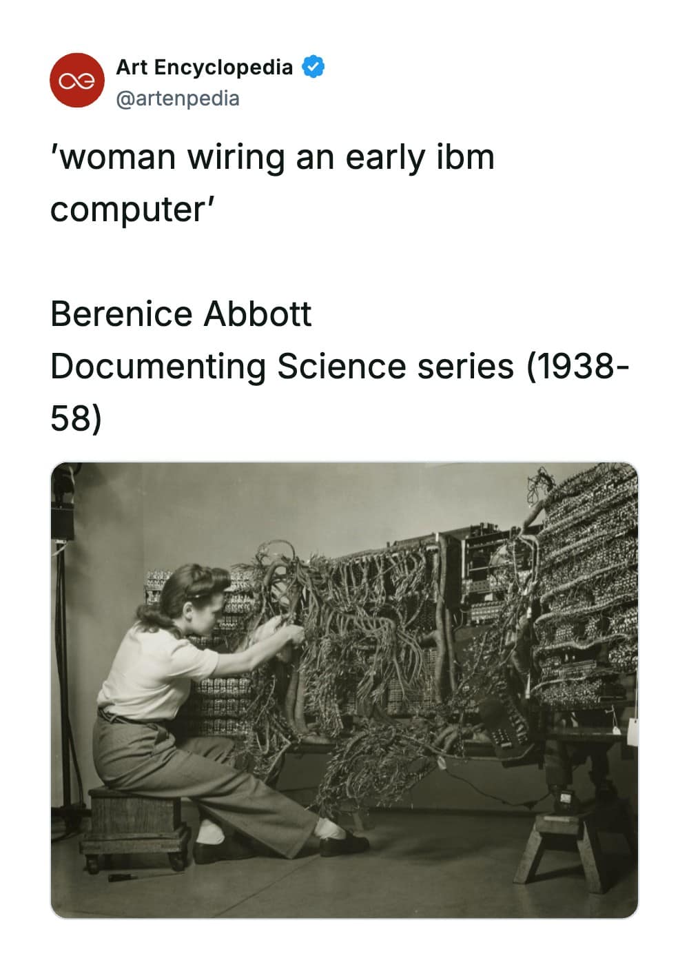 A rare historical photo from Berenice Abbott's 'Documenting Science' series (1938-58), capturing a female technician meticulously wiring the complex back panel of an early IBM mainframe computer. She is seated on a low rolling wooden platform, entirely focused on sorting through a massive, chaotic waterfall of hundreds of intertwined electrical cables.