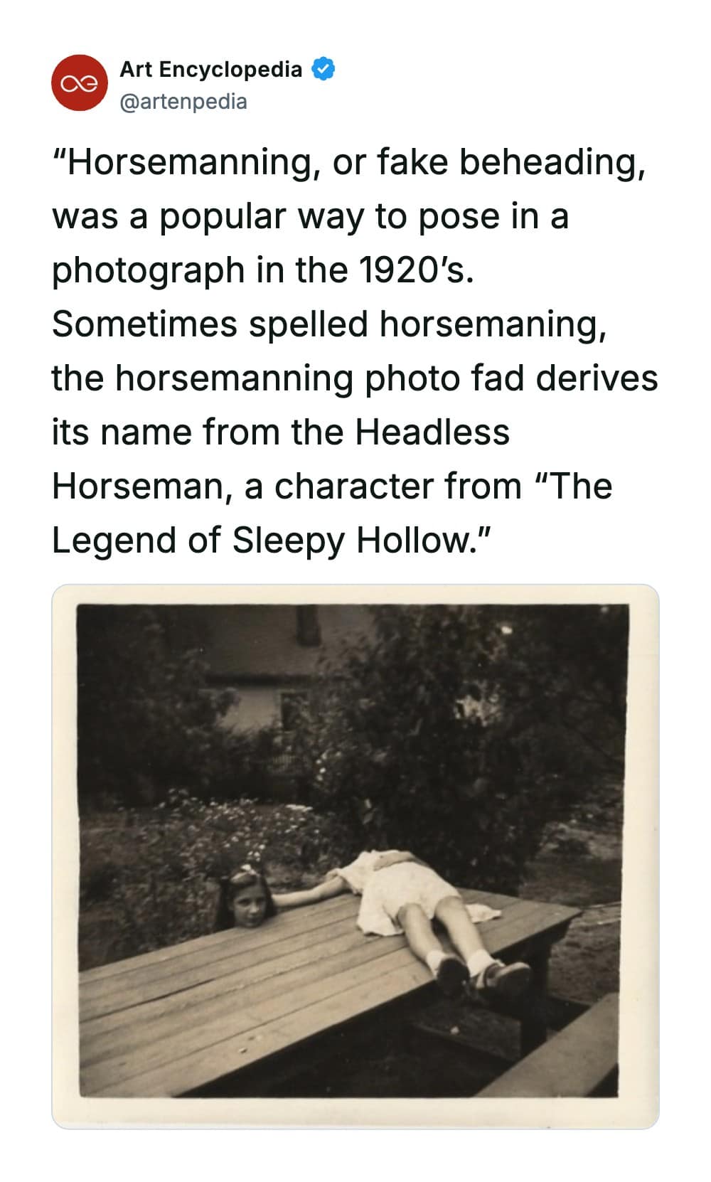 A rare historical photo demonstrating 'horsemanning,' a popular fake beheading photography fad from the 1920s inspired by The Legend of Sleepy Hollow. The black-and-white picture shows a girl's body lying flat on a wooden picnic table, while another girl's head is positioned far to the side to create an eerie optical illusion of decapitation.