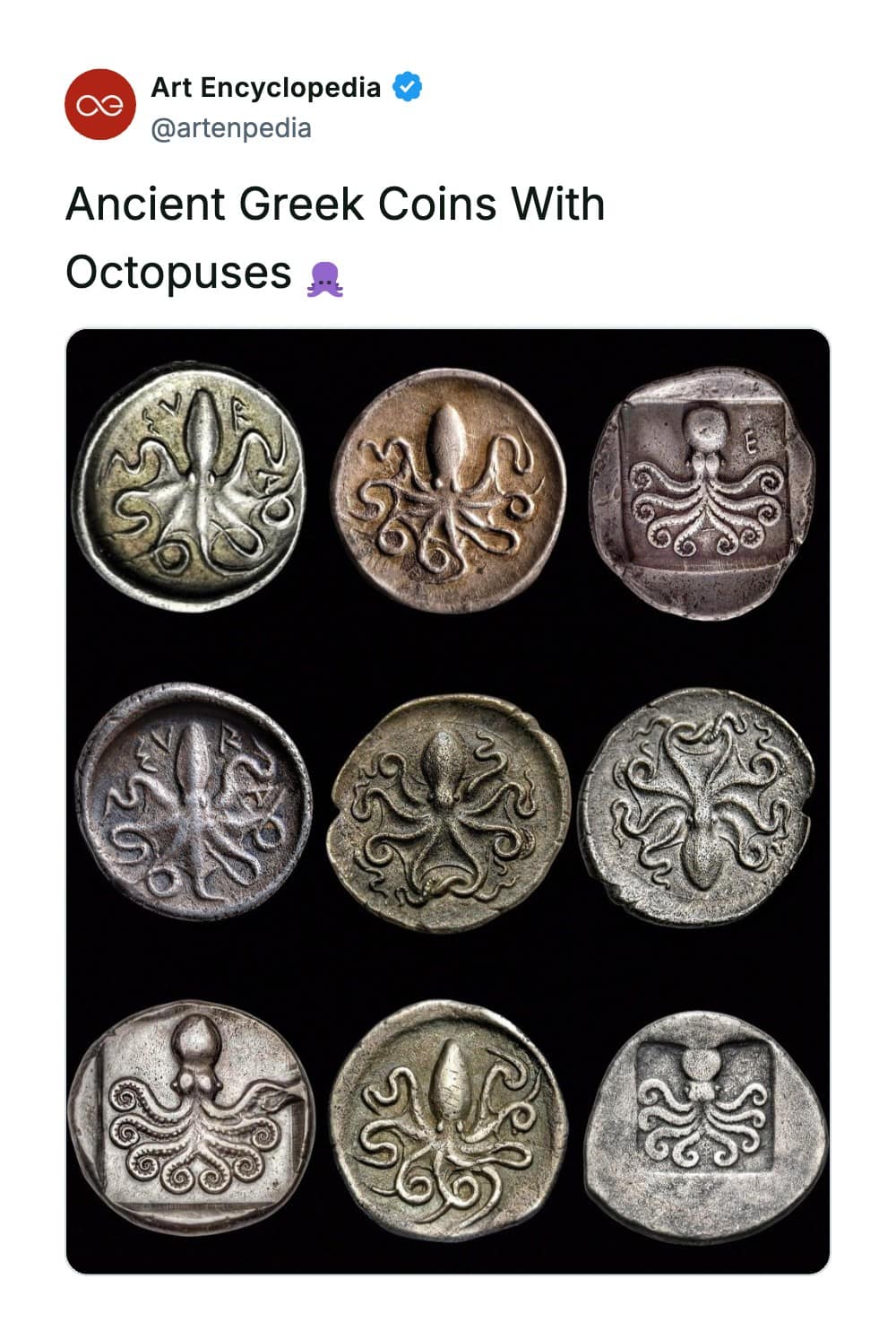 A rare historical photo presenting a clean three-by-three grid arrangement of ancient Greek silver coins, each beautifully stamped with a highly detailed, symmetrical octopus design showing curling tentacles and prominent eyes.