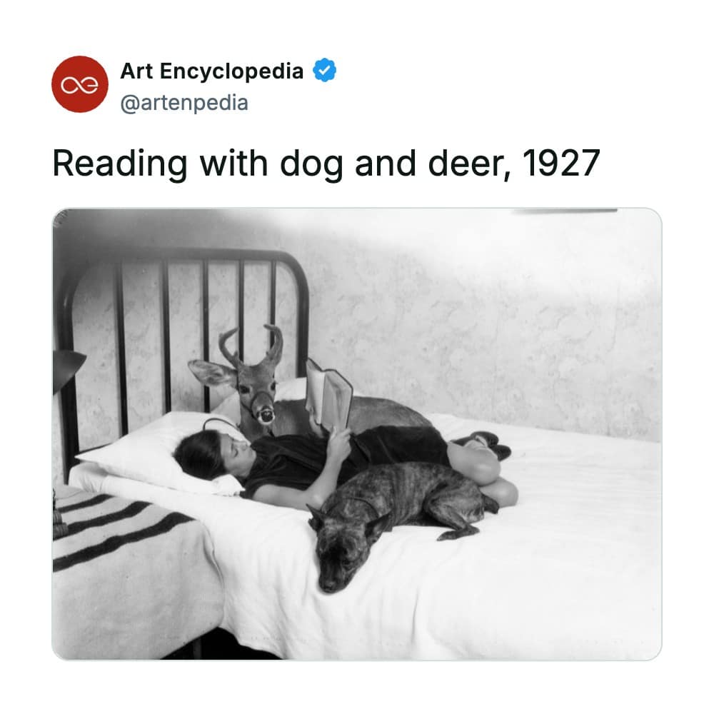 rare historical photo from 1927 titled 'Reading with dog and deer,' capturing a woman relaxing flat on her back in an iron-frame bed while holding an open book. A dark brindle dog rests calmly at the foot of the white sheets, while a young buck deer stands closely by the headboard, peering curiously down over her shoulder at the pages.