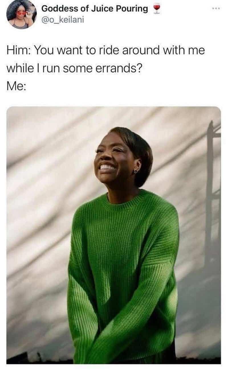 Viola Davis smiling in a green sweater featured in a passenger errand dialogue template from a wholesome relationship meme.