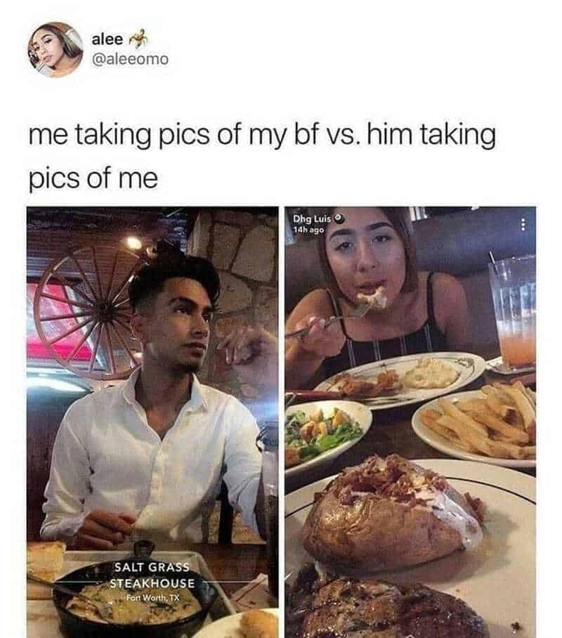 Restaurant photography comparison panels contrasting a handsome partner portrait against a messy potato-eating close-up in a wholesome relationship meme.