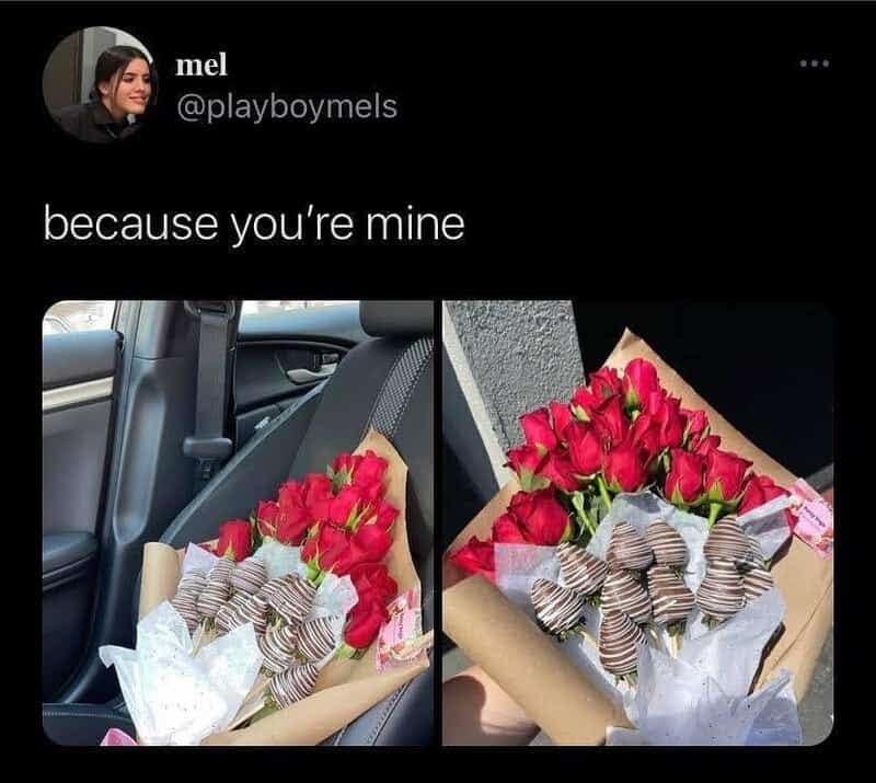 Bouquet of red roses and chocolate-covered strawberries arranged on a car seat inside a romantic wholesome relationship meme.