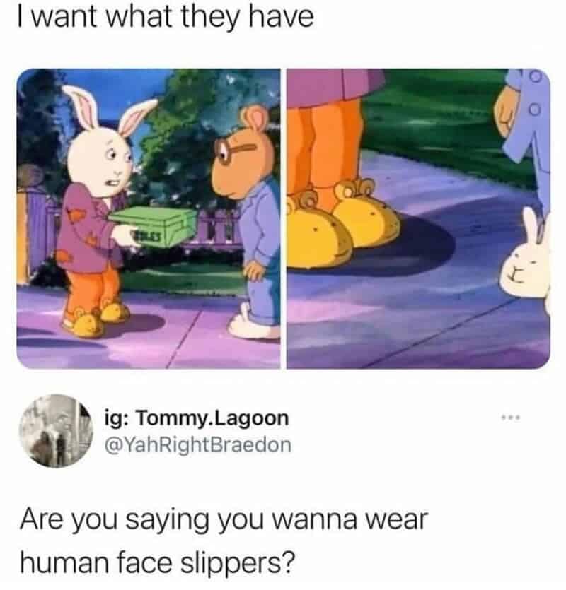 Animated panels from Arthur showing character footwear details paired with a funny face-slipper text comment in a wholesome relationship meme.