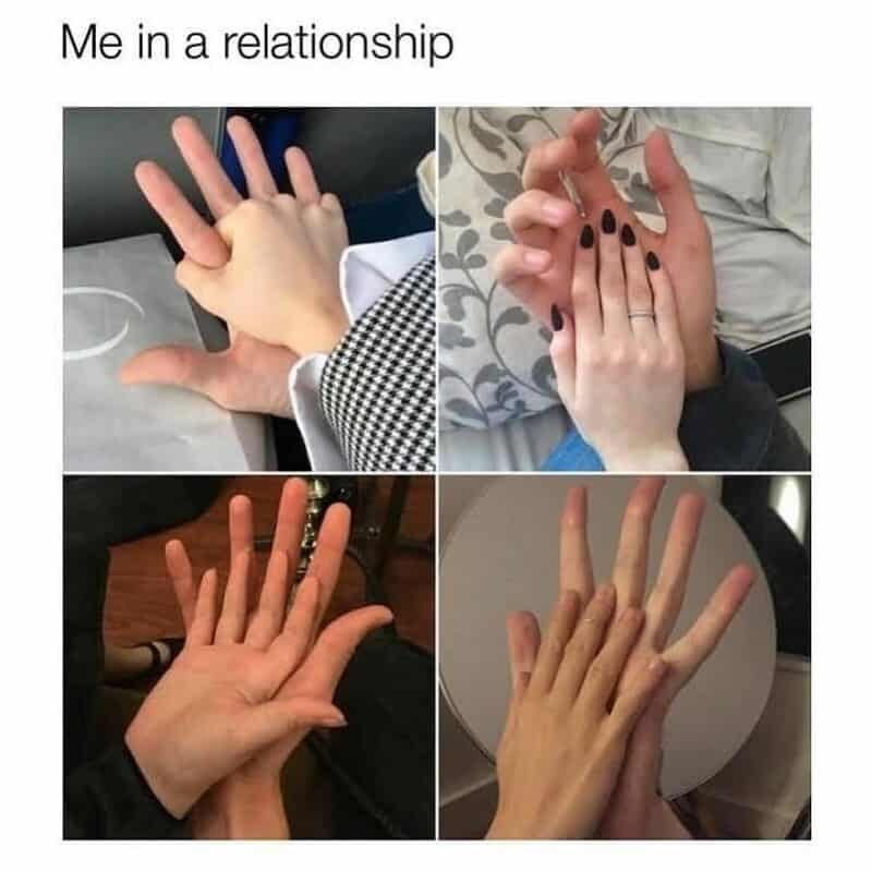 Four-panel photo grid displaying intricate, overlapping hand-holding positions labeled with relationship text inside a wholesome relationship meme.