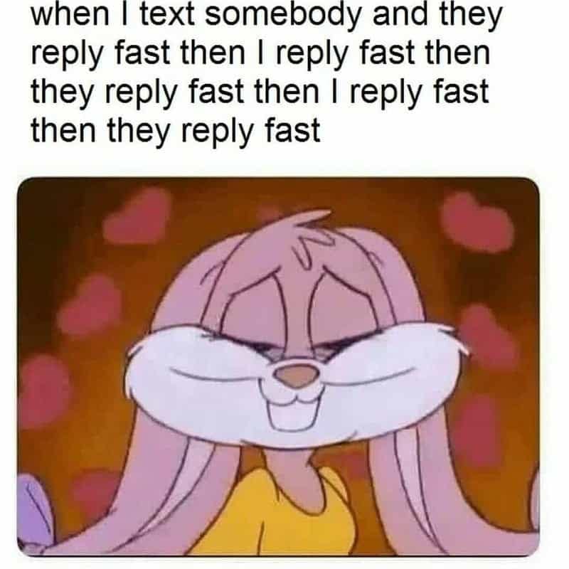 Lola Bunny animation frame surrounded by floating hearts illustrating a rapid-fire texting dialogue loop in a wholesome relationship meme.