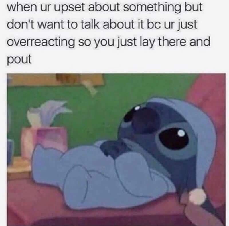 Stitch cartoon character pouting on bed graphic visualizing overreacting partner text inside a relatable wholesome relationship meme.